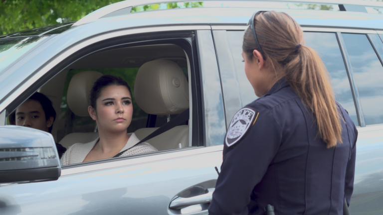 Driver interacts with police officer during a traffic stop