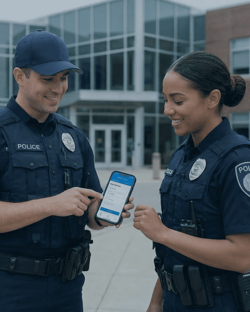 two officers looking at phone