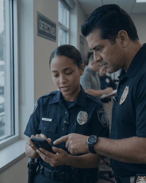 two officers looking at phone