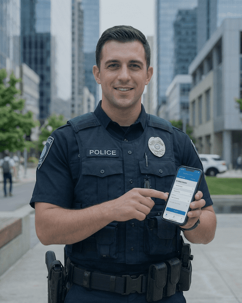 officer smiling and holding phone