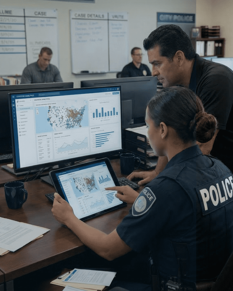 two officers looking at analytics on dashboard